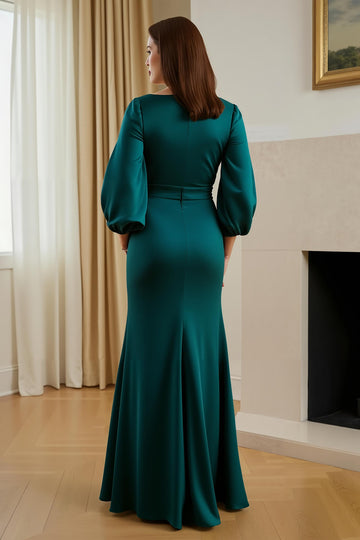 Pine Satin V-Neck Long Sleeve Mother Of The Bride Dress